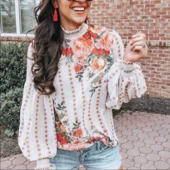 Boho Floral Print dot lantern Sleeve Blouse - Picture 12 of 12